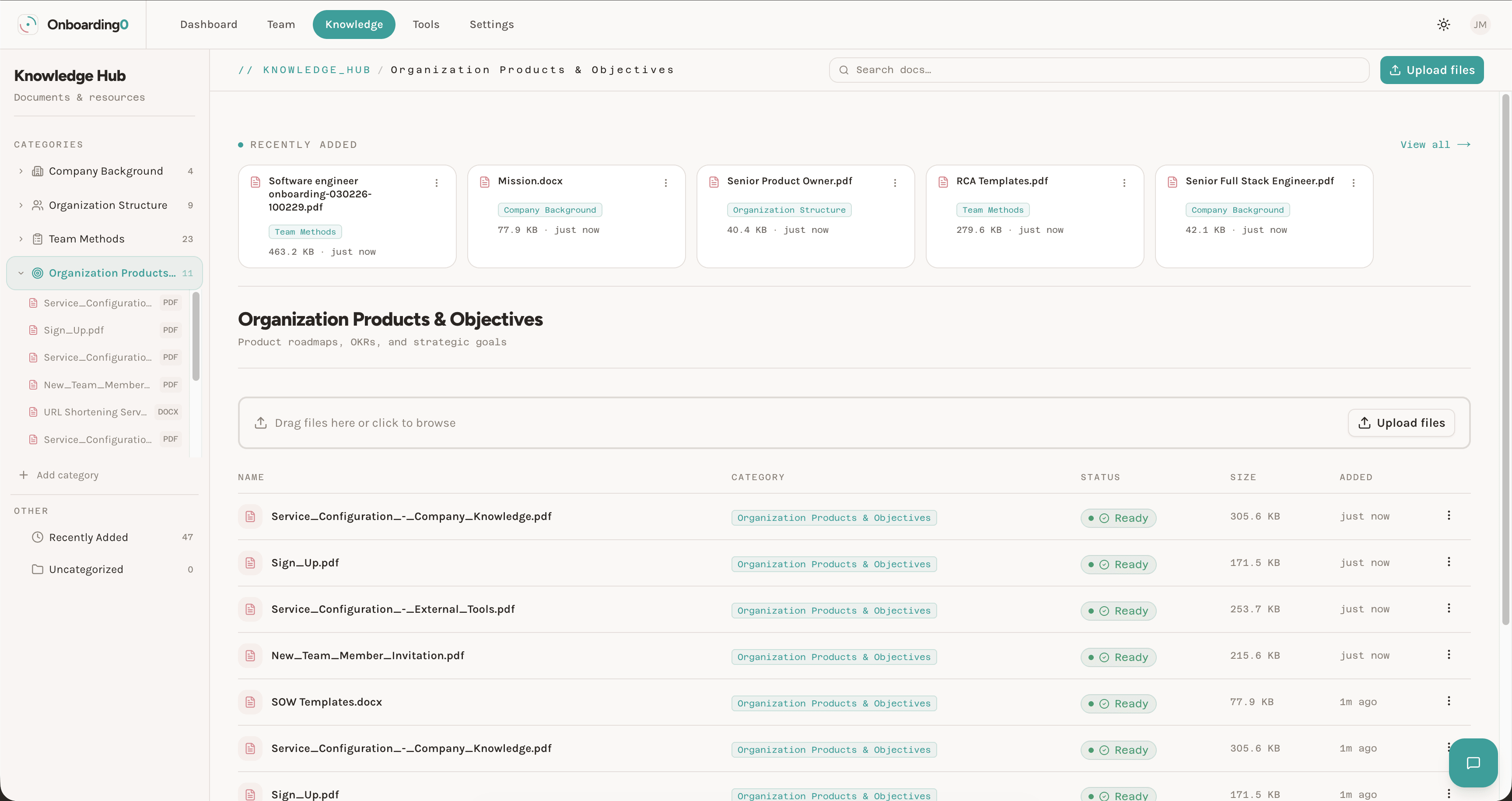Knowledge hub with categorized documents, search, and status badges