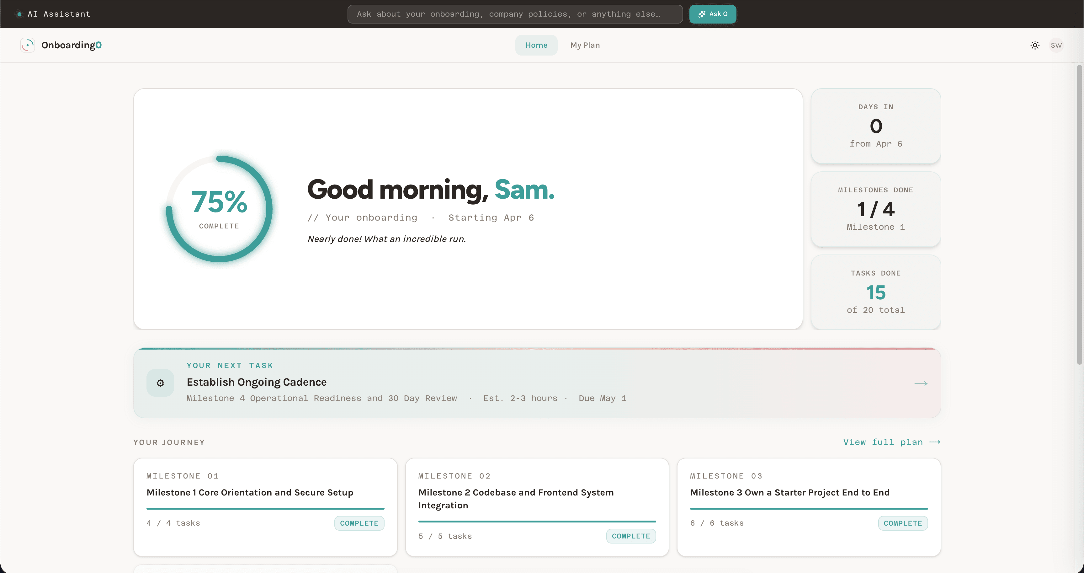 New hire dashboard with progress ring, milestones journey, and next task prompt