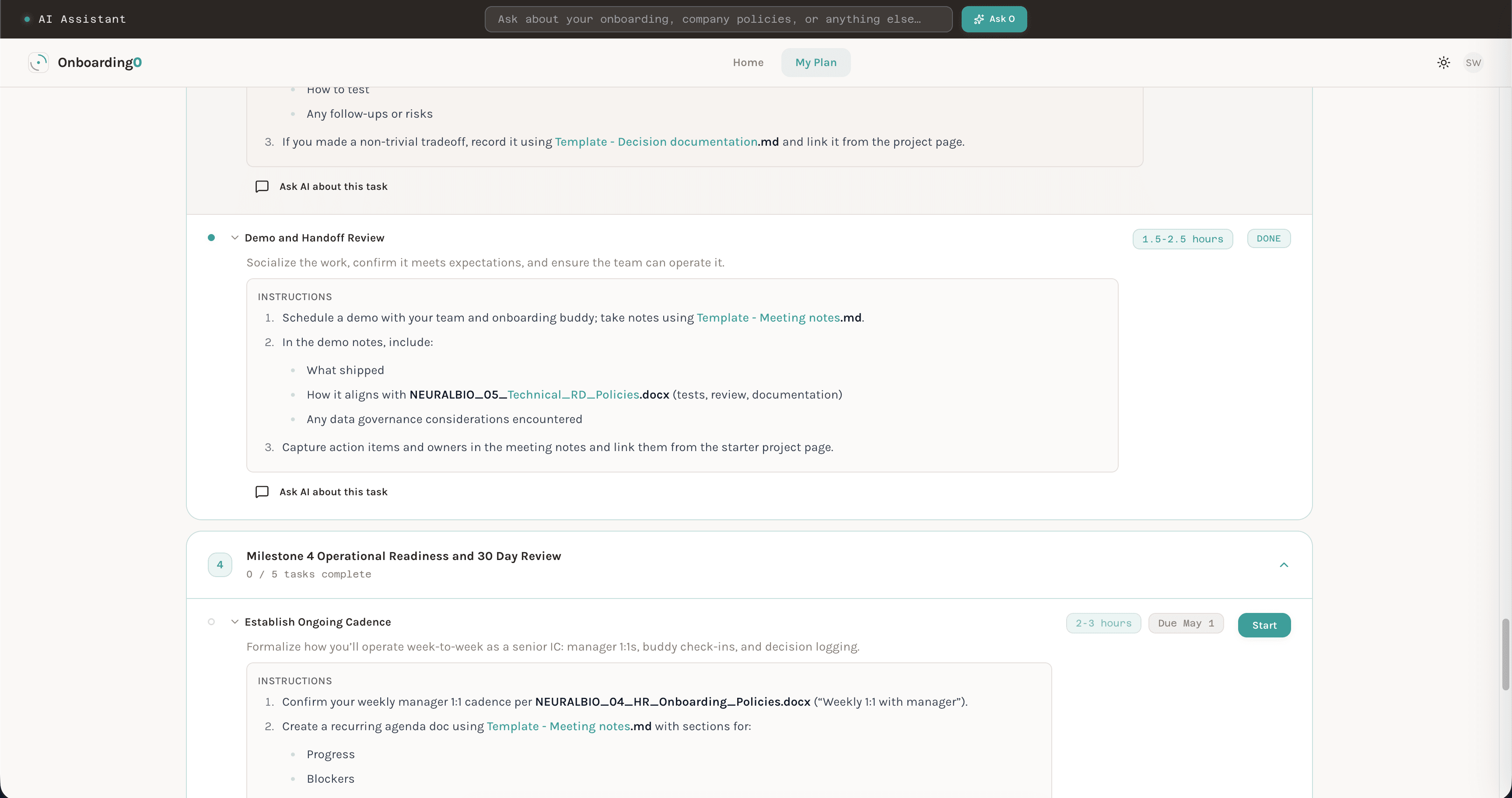 Onboarding plan showing milestone tasks with time estimates and completion status