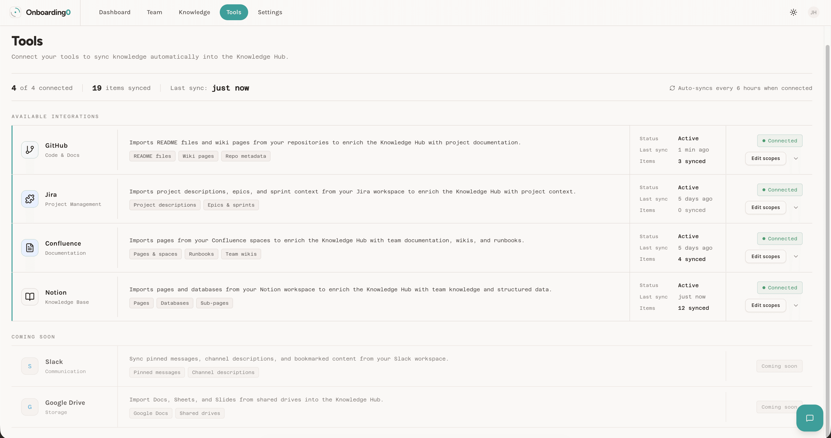 Tools and integrations page showing connected services with sync status